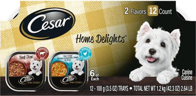 Paquete: Bandejas de comida variadas Cesar Home Delights Slow Cooked Chicken & Vegetables & Beef Stew + Alimento seco para perros Pedigree Tender Bites Complete Nutrition Chicken & Steak Flavor
