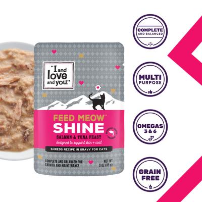 Alimento húmedo para gatos Feed Meow Shine con salmón y atún en trozos sin cereales en salsa, bolsa de 3 oz, caja de 24