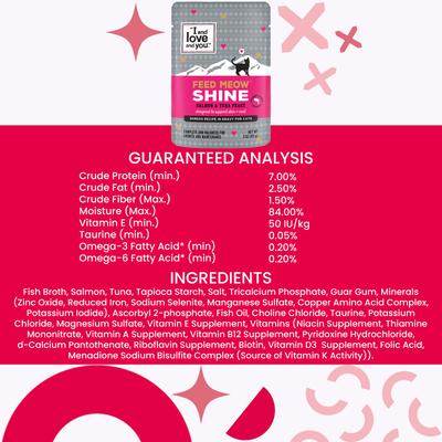 Alimento húmedo para gatos Feed Meow Shine con salmón y atún en trozos sin cereales en salsa, bolsa de 3 oz, caja de 24