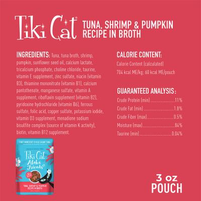 Aloha Friends Tuna, Shrimp & Pumpkin Recipe in Broth Grain-Free Wet Cat Food, 3-oz pouch, case of 12