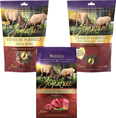 Paquete: Alimento seco Zignature Venison con fórmula de ingredientes limitados (bolsa de 5,7 kg) + Galletas Ziggy Bars (bolsa de 355 g) + Golosinas blandas para perros (bolsa de 113 g)