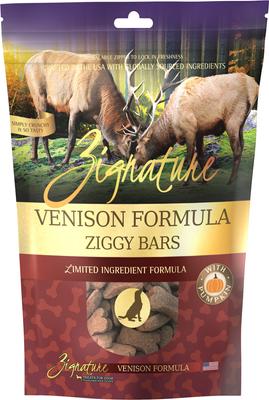 Paquete: Alimento seco Zignature Venison con fórmula de ingredientes limitados (bolsa de 5,7 kg) + Galletas Ziggy Bars (bolsa de 355 g) + Golosinas blandas para perros (bolsa de 113 g)