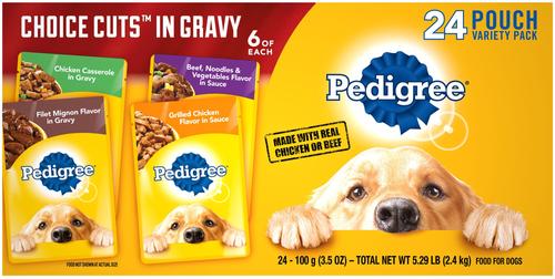 Bundle: Pedigree Choice Cuts in Gravy Variety Pack Filet Mignon, Grilled Chicken, Chicken Casserole & Beef Noodle + Variety Pack Adult Wet Dog Food Pouches