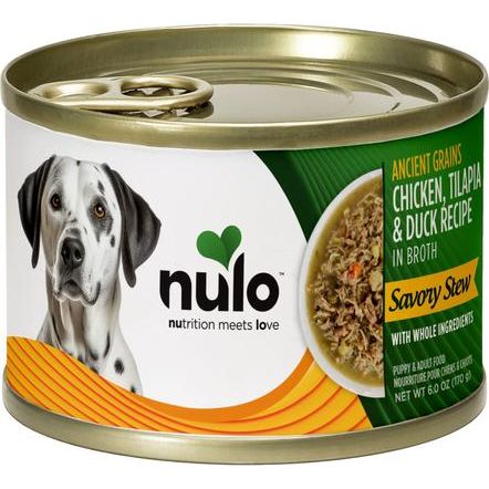 Nulo, Savory Stews Ancient Grains Chicken, Tilapia & Duck, Pollo + Tilapia + Pato + Calabaza + Quinoa Roja en Caldo, Cachorros y Adultos, 170 g × 8 latas