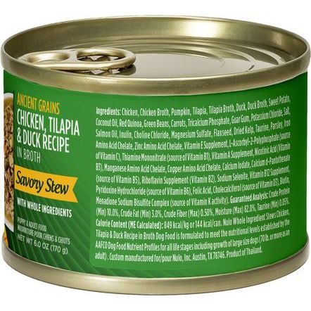 Nulo, Savory Stews Ancient Grains Chicken, Tilapia & Duck, Pollo + Tilapia + Pato + Calabaza + Quinoa Roja en Caldo, Cachorros y Adultos, 170 g × 8 latas