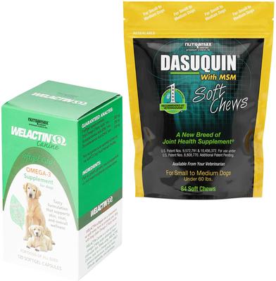 Bundle: Nutramax Welactin Canine Omega-3 Softgel Capsules + Dasuquin with MSM Soft Chews Joint Health Small/Medium Dog Supplement