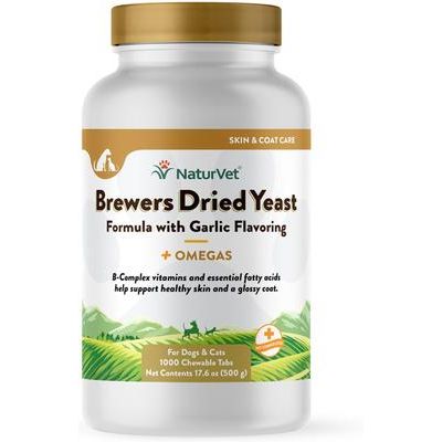 NaturVet, Brewers Dried Yeast with Omegas, tabletas masticables con vitaminas B y omega-3, 6 y 9 para perros y gatos, sabor tocino ahumado, 500 / 1,000 / 5,000 tabletas