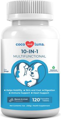 Coco and Luna 10-in-1 Bacon & Liver Flavored Chewable Tablet Multivitamin for Dogs, 120 count