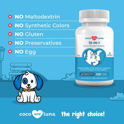 Coco and Luna 10-in-1 Bacon & Liver Flavored Chewable Tablet Multivitamin for Dogs, 120 count