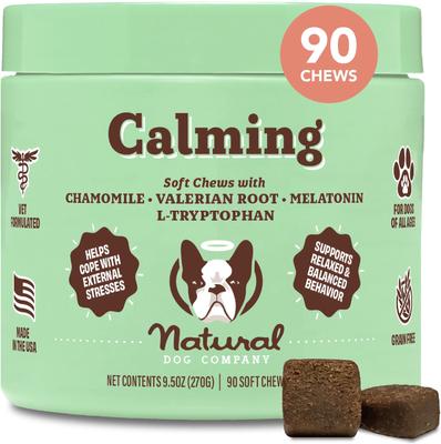 Suplemento masticable suave con melatonina calmante y sabor a mantequilla de cacahuete y tocino para perros, 90 unidades