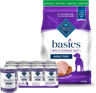 Paquete: Alimento seco para perros adultos Blue Buffalo Basics Skin & Stomach Care Grain-Free Formula Turkey & Potato Recipe + Comida enlatada