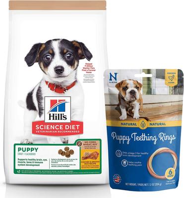 Paquete: Alimento seco para perros Hill's Science Diet Puppy con receta de pollo y arroz integral, bolsa de 5.6 kg + Golosinas para perros N-Bone Puppy Teething Ring con sabor a pollo, 6 unidades