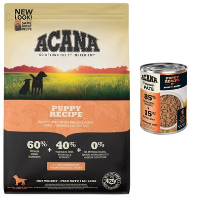 Paquete: Alimento húmedo para cachorros ACANA Premium Paté en caldo de huesos + Alimento seco para cachorros Puppy Recipe