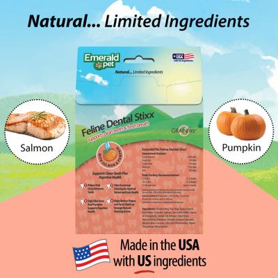 Golosinas dentales para gatos Feline Dental Stixx con salmón y calabaza, sin cereales, bolsa de 3.6 oz