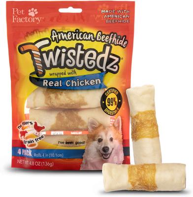 Twistedz 4-inch Beefhide Rolls Chicken Flavored Wrap Dog Hard Chews, 4 count