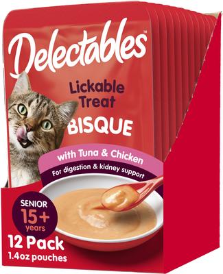 Delectables Bisque Senior 15 premios para lamer con atún y pollo para gatos, 1.4 oz, caja de 72