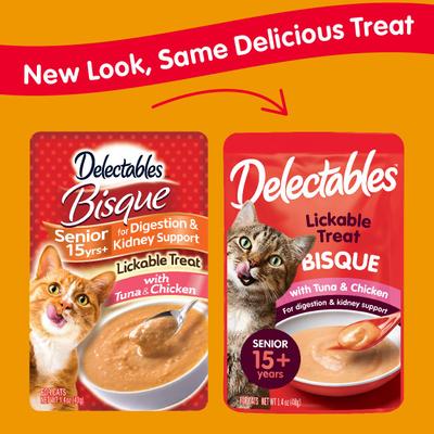 Delectables Bisque Senior 15 premios para lamer con atún y pollo para gatos, 1.4 oz, caja de 72