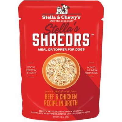 Alimento húmedo para perros adultos Stella’s Shredrs con pollo y salmón en caldo, sin jaula, bolsa de 2.8 oz, caja de 24