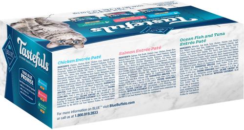 Bundle: Blue Buffalo Tastefuls Salmon, Chicken, Ocean Fish & Tuna Entrées Variety Pack Pate + Tuna, Chicken, Fish & Shrimp Entrées Variety Pack Flaked Wet Cat Food