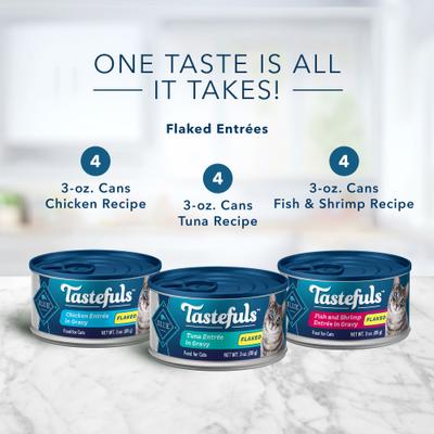 Bundle: Blue Buffalo Tastefuls Salmon, Chicken, Ocean Fish & Tuna Entrées Variety Pack Pate + Tuna, Chicken, Fish & Shrimp Entrées Variety Pack Flaked Wet Cat Food