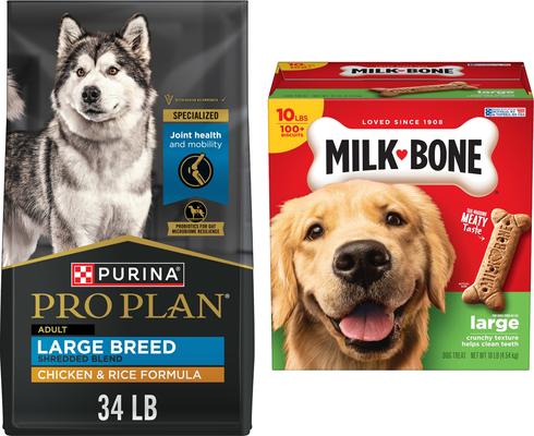 Paquete: alimento seco Purina Pro Plan para adultos de razas grandes con mezcla desmenuzada de pollo y arroz + premios Milk-Bone Original Large Biscuit para perros