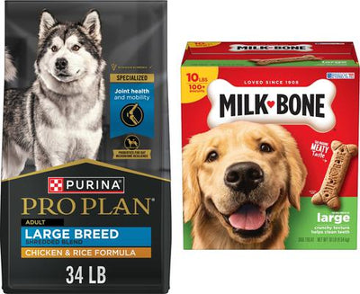 Paquete: alimento seco Purina Pro Plan para adultos de razas grandes con mezcla desmenuzada de pollo y arroz + premios Milk-Bone Original Large Biscuit para perros