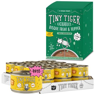 Bundle: Tiny Tiger Pate Chicken Canned Food + Lickables Senior Formula Tuna & Chicken Recipe Bisque Cat Treat & Topper