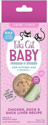 Baby Chicken, Duck & Duck Liver Recipe Trial Pack Grain-Free Mousse & Shreds Wet Kitten Food, 1.9-oz can, case of 3
