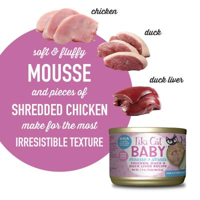 Baby Chicken, Duck & Duck Liver Recipe Trial Pack Grain-Free Mousse & Shreds Wet Kitten Food, 1.9-oz can, case of 3