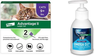Bundle: Advantage II Flea Spot Treatment for Cats, over 9-lbs, 2 Doses (2-mos. supply) + Pet Protect Free Form Omega-3 Fish Oil Liquid Supplement for Small Dogs & Cats, 4-fl oz bottle