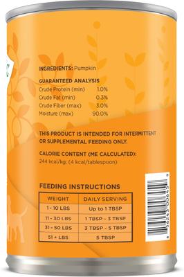 100% Natural Pumpkin Purée Dog & Cat Food Supplement, 15-oz can, 12 pack