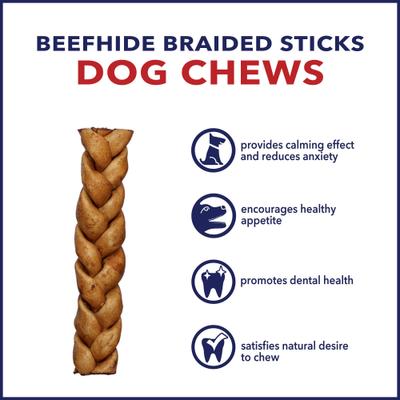 Beefhide 7-inch Braided Sticks Peanut Butter Flavored Dog Hard Chews, 2 count