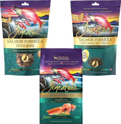 Paquete: Alimento seco Zignature Salmon con fórmula de ingredientes limitados (bolsa de 5,7 kg) + Galletas Ziggy Bars (bolsa de 355 g) + Golosinas blandas para perros (bolsa de 113 g)