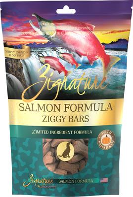 Paquete: Alimento seco Zignature Salmon con fórmula de ingredientes limitados (bolsa de 5,7 kg) + Galletas Ziggy Bars (bolsa de 355 g) + Golosinas blandas para perros (bolsa de 113 g)