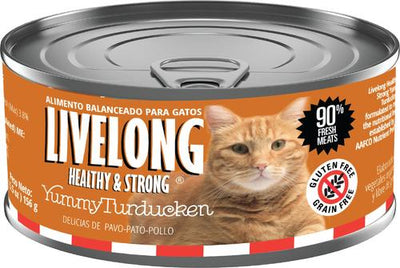 Comida húmeda para gatos Yummy Turducken, lata de 5.5 oz, 24 unidades