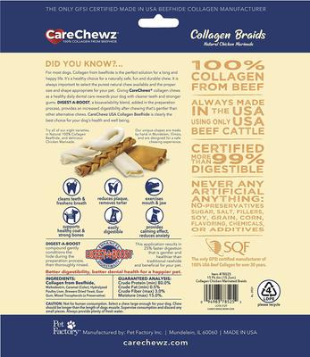 CareChewz 6 to 7-inch Collagen Braid Chicken Flavored Dog Hard Chews, 15 count