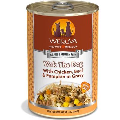 Paquete: Weruva Wok the Dog con pollo, ternera y calabaza en salsa + Steak Frites con ternera, calabaza y boniato en salsa (comida enlatada para perros)