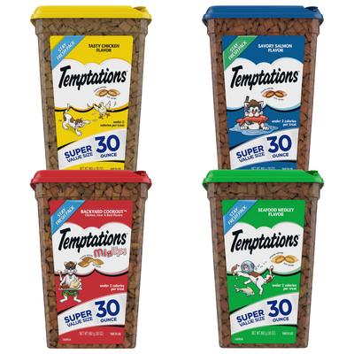 Bundle: Variety Pack - Temptations Classic Tasty Chicken Flavor Soft & Crunchy Cat Treats, 30-oz tub, Seafood Medley, Savory Salmon & Backyard Cookout Flavors