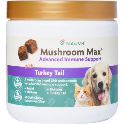 NaturVet, Mushroom Max Immunity, suplemento inmunitario con reishi, shiitake, cola de pavo, maitake y CoQ10 para perros y gatos, sabor tocino ahumado, 60 / 120 masticables