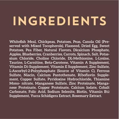 Alimento seco para perros con fórmula de harina de pescado blanco y patatas sin cereales, bolsa de 35 lb