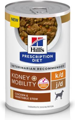 k/d + j/d Kidney Care + Mobility Care with Chicken & Vegetable Stew Wet Dog Food, 12.5-oz can, case of 12