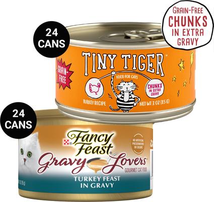 Bundle: Tiny Tiger Chunks in EXTRA Gravy Turkey Recipe Grain-Free Canned Cat Food, 3-oz, case of 24 + Fancy Feast Gravy Lovers Turkey Feast in Roasted Turkey Flavor Gravy Canned Cat Food, 3-oz, case of 24
