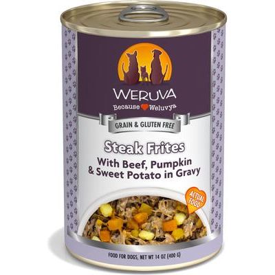 Paquete: Comida enlatada para perros Weruva Paw Lickin' Chicken in Gravy + Steak Frites con carne de res, calabaza y batata en salsa