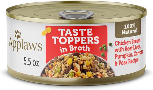 Taste Toppers - Alimento húmedo natural para perros con pechuga de pollo, salmón y verduras en caldo, bolsa de 5.5 oz, caja de 12