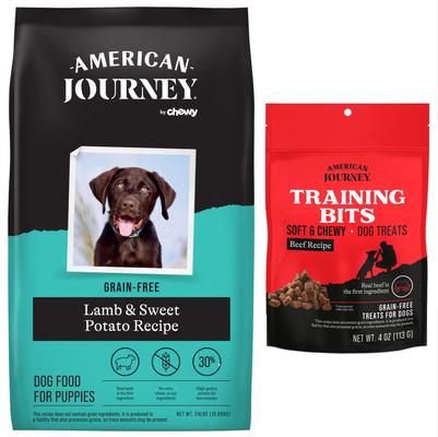 Bundle: American Journey Grain-Free Puppy Lamb & Sweet Potato Recipe Dry Dog Food + Beef Recipe Grain-Free Soft & Chewy Training Bits Dog Treats
