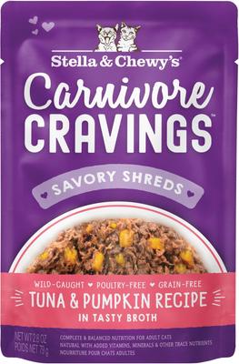 Carnivore Cravings Tuna & Pumpkin Flavored Shredded Wet Cat Food, 2.8-oz pouch, case of 24