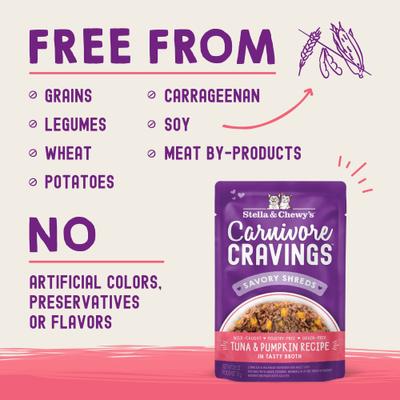 Carnivore Cravings Tuna & Pumpkin Flavored Shredded Wet Cat Food, 2.8-oz pouch, case of 24