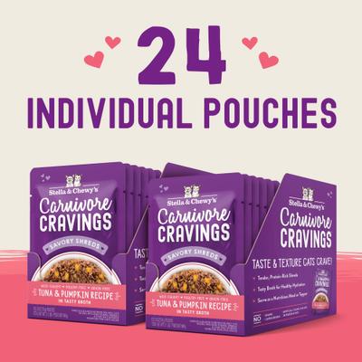 Carnivore Cravings Tuna & Pumpkin Flavored Shredded Wet Cat Food, 2.8-oz pouch, case of 24