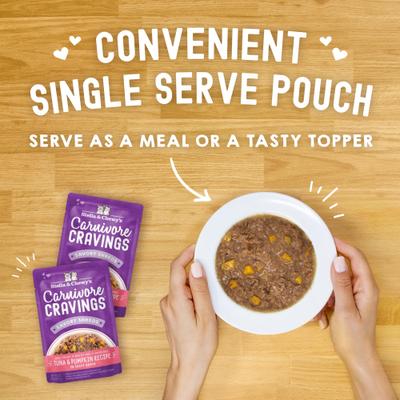 Carnivore Cravings Tuna & Pumpkin Flavored Shredded Wet Cat Food, 2.8-oz pouch, case of 24