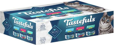 Comida enlatada en hojuelas para gatos Tastefuls Tuna, Chicken, Fish & Shrimp Variety Pack, lata de 5.5 oz, caja de 12